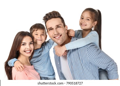 Happy Family With Little Children On White Background