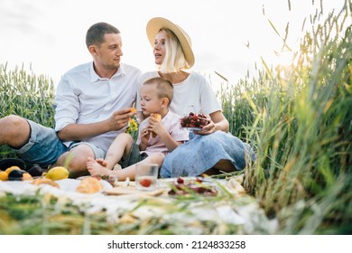 Happy family with little son relaxing in a picnic in a wheat field.