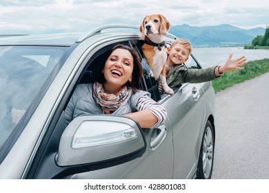 Happy family look out from car windows