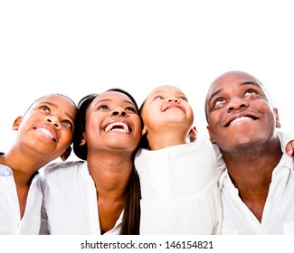 Happy family looking up - isolated over a white background 