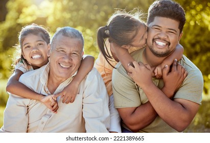 Happy Family, Love And Children Smile Outdoors Bonding Together For Piggy Back Ride In Garden. Fun Grandpa, Relax Dad And Kids Play In Nature Park On Big Family Travel Vacation Or Summer Holiday