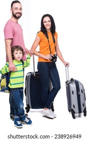 Happy Family With Luggage Are Ready To Travel. Isolated On White Background.