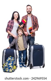 Happy Family With Luggage Are Ready To Travel. Isolated On White Background.