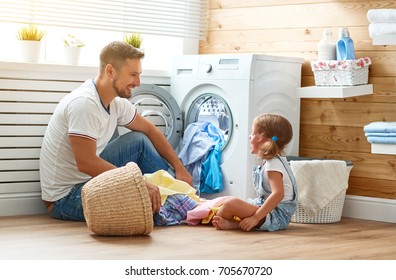 Happy family man father  householder and child daughter in laundry with washing machine 
 - Powered by Shutterstock