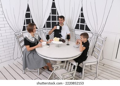 Happy Family: Mom, Dad, Son Together At The Table At Home. Interior In Black And White Colors. Dinner, Tea Drinking. 2d Illusion In Sketch Interior. Mother, Father, Child: Family Indoor. Kid, Parents