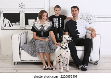 Happy Family: Mom, Dad, Son, Dalmatian Dog Together At Home. Interior In Black And White Colors. Dalmatian Dog, Pet. Domestic Animal. 2d Illusion In Interior. Mother, Father And Child, Family Indoor