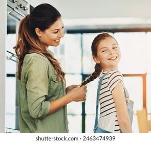 Happy family, mom and daughter with hair care in home, affection and trust in bonding for memory as preteen. Cheerful woman, girl and cute for love, support and childhood development on mothers day - Powered by Shutterstock