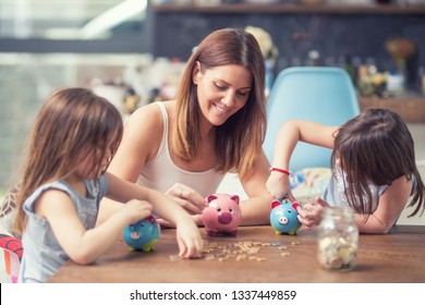 Happy Family Mom Daughter Save Money Piggy Bank Future Investment Savings.