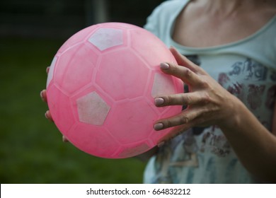 Happy Family Mother And Daughter Playing Volleyball. Ball Game In The Backyard