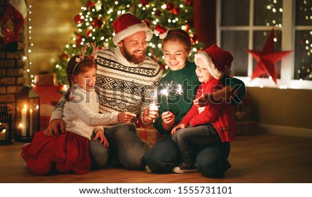 happy family mother, father and children celebrate Christmas and new year, light sparklers
