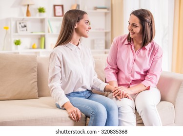 A Happy Family. Mother And Teen Daughter At Home.