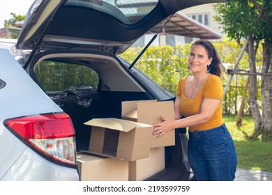 Happy Family Move Furniture Box And Packaging For Moving And Shipping To New Home After Shopping In Store From Car In Happy And Relax Holiday