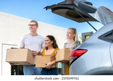 Happy Family Move Furniture Box And Packaging For Moving And Shipping To New Home After Shopping In Store From Car In Happy And Relax Holiday