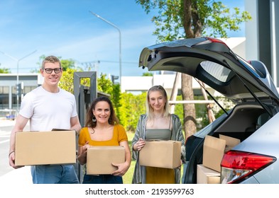 Happy Family Move Furniture Box And Packaging For Moving And Shipping To New Home After Shopping In Store From Car In Happy And Relax Holiday