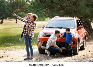 Happy Family Near Modern Car Outdoors