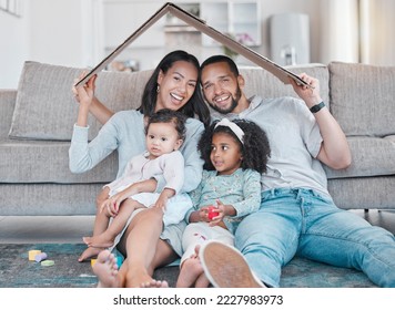 Happy family, new house and cardboard roof in living room, mortgage loan and investment security for future. Real estate, insurance and property cover for new homeowners, excited parents and children