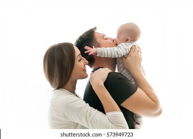 Happy Family With Newborn Baby On A White Background.