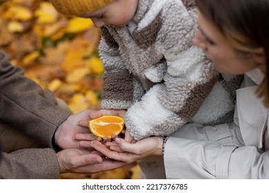 Happy Family On A Beautiful Fall Picnic In The Park. Cozy Autumn Vibes. Young Father, Mother And Their Cute Sn Spending Quality Time Together, Having Fun. 