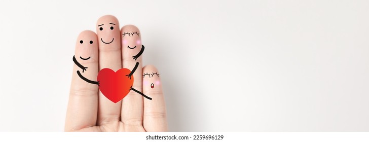 Happy family on fingers holding red heart mean medical health care icons on white backgorund.  People health care awareness rising growth of medical health and life insurance business.