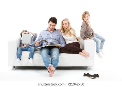 Happy Family On Sofa Isolated. Generation Z.