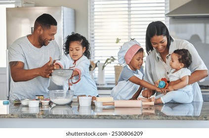 Happy family, parents and help children with baking, teaching and laugh together. Kids, mother and father with flour sieve for learning cooking, dessert preparation or people bonding in home kitchen - Powered by Shutterstock