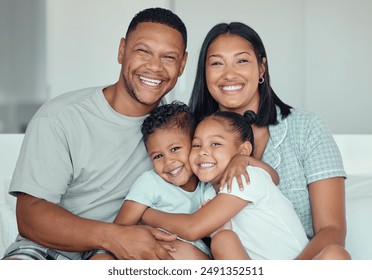 Happy family, parents and portrait of children in bedroom for connection, support and laughing together in home. Face, father and kids hug with mother for love, care and relax with siblings in house - Powered by Shutterstock