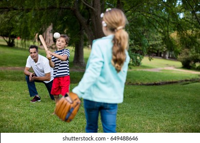 Happy Family Playing Baseball In The Park