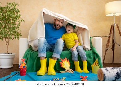 Happy Family Playing. Dad And Son Enjoying A Fishing Trip. Father And Child Having Fun. Man And Kid At Home. Summer Vacation Concept