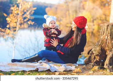 Happy Family Playing Outdoors In Park, Winter, Autumn Life