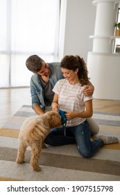 Happy Family Playing With Their Dog At Home. People Animal Pet Love Concept