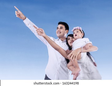 Happy family pointing at blue sky outdoors - Shutterstock ID 163244198