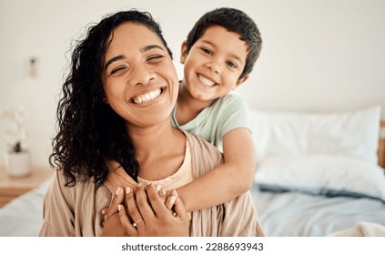 Happy family, portrait or child hug mother, mama or mom for morning bonding in hotel bedroom. Vacation happiness, holiday affection or face of youth, kid or son with woman enjoy quality time together - Shutterstock ID 2288693943
