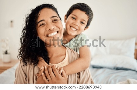 Happy family, portrait or child hug mother, mama or mom for morning bonding in hotel bedroom. Vacation happiness, holiday affection or face of youth, kid or son with woman enjoy quality time together