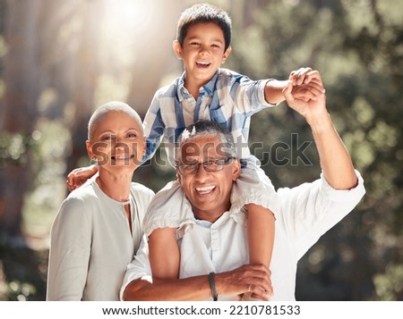 Happy family, portrait and grandparents with child in nature with a big smile enjoying summer holidays and retirement, Detroit, old man and senior grandmother love being with playful kid on vacation