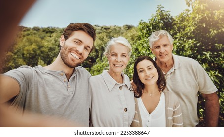 Happy family, portrait or pov selfie bonding in park, house garden or home nature backyard in holiday, vacation or summer. People, senior man or woman in photography hug for parents profile picture - Powered by Shutterstock