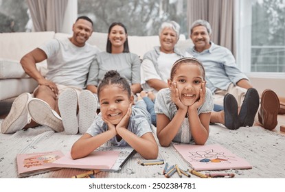 Happy family, portrait and siblings with drawing for fun activity, coloring or sketching together on floor at home. Little female person, children or kids with smile for childhood, holiday or weekend - Powered by Shutterstock