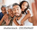 Happy family, portrait and silly face selfie for social media, vlog or funny online post at home. Grandparents, father and child with goofy expression for photo, memory or profile picture together