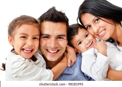 Happy Family Portrait Smiling - Isolated Over A White Background