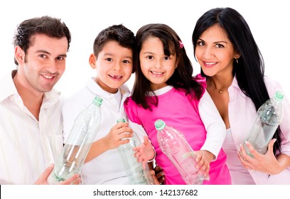 Happy Family Recycling Plastic Bottles - Isolated Over White