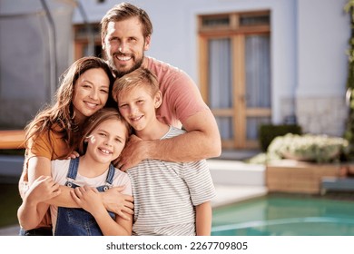 Happy family, relax outside house and portrait with children, mom and dad smile with love by pool together. Outdoor of mother, father and young kids hug together outside a modern home summer bonding - Powered by Shutterstock