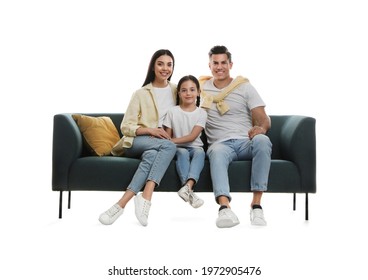 Happy family resting on comfortable green sofa against white background - Powered by Shutterstock