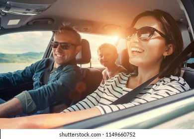 Happy family ride in the car
