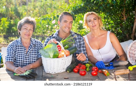 Happy Family With Ripe Vegetables Harvest In Their Garden