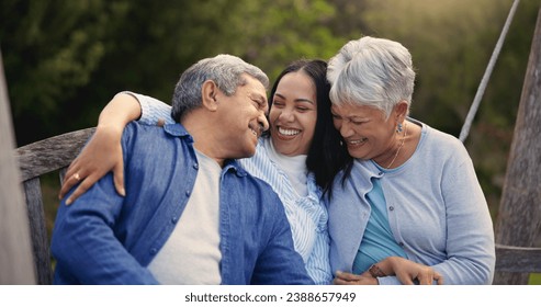 Happy family, senior parents or woman on bench in nature, hug or bonding in smile on retirement. Mature man, mother and older daughter for together in laughter, lounge and embrace for love in garden - Powered by Shutterstock