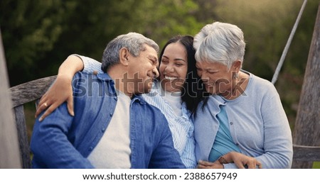 Happy family, senior parents or woman on bench in nature, hug or bonding in smile on retirement. Mature man, mother and older daughter for together in laughter, lounge and embrace for love in garden