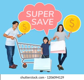 Happy family shopping a super save deal