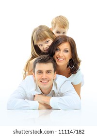 Happy Family Smiling. Isolated Over A White Background