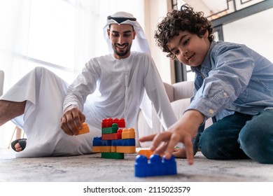 Happy Family Spending Time Together. Arabian Parents And Kid Lifestyle Moments At Home