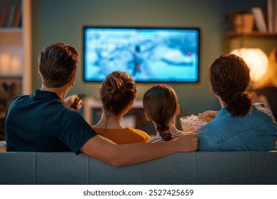 Happy family spending time together. Mother, father and children watching  TV, movies with popcorn in the evening at home. - Powered by Shutterstock