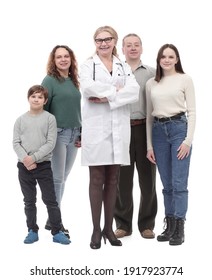 Happy Family And Their Family Doctor Standing Together.